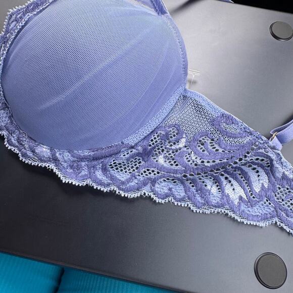 NWT natori bra 32C Feathers Lace Contour Underwire Plunge Bra smoky iris dolphin - Picture 6 of 10